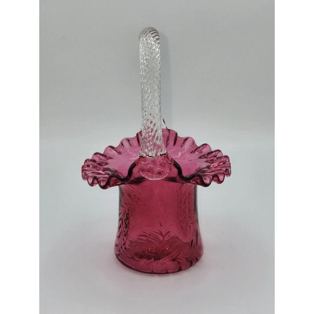 Fenton Glass Vintage Cranberry Fern‎ Ruffled Edge Hat Basket